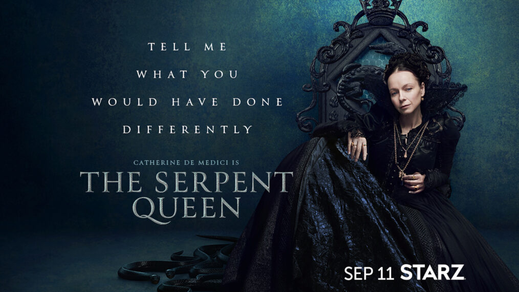 Samantha Morton as Catherine de Medici in The Serpent Queen key art for Starz