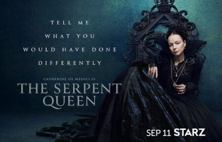 Samantha Morton as Catherine de Medici in The Serpent Queen key art for Starz