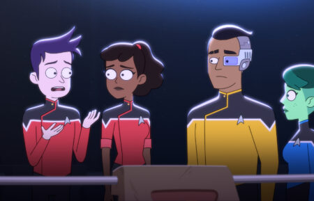 Jack Quaid as Ensign Brad Boimler, Tawny Newsome as Ensign Beckett Mariner, Eugene Cordero as Ensign Rutherford and Noël Wells as Ensign Tendi of Star Trek Lower Decks