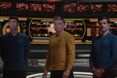 Ethan Peck as Spock, Anson Mount as Pike, and Dan Jeannotte as Samuel Kirk in Star Trek Strange New Worlds