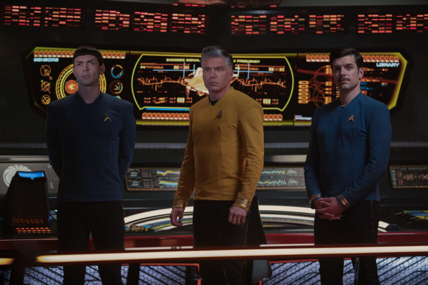 Ethan Peck as Spock, Anson Mount as Pike, and Dan Jeannotte as Samuel Kirk in Star Trek Strange New Worlds