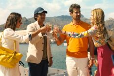 Aubrey Plaza, Will Sharpe, Theo James, and Meghann Fahy toasting on a boat in The White Lotus - Season 2
