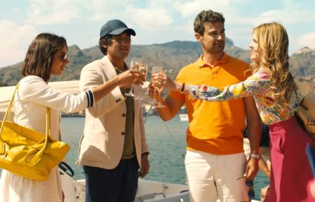 Aubrey Plaza, Will Sharpe, Theo James, and Meghann Fahy toasting on a boat in The White Lotus - Season 2