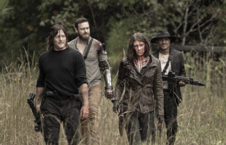 Norman Reedus as Daryl Dixon, Ross Marquand as Aaron, Lauren Cohan as Maggie Rhee, Seth Gilliam as Father Gabriel Stokes in The Walking Dead