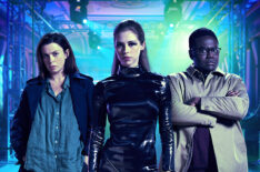 Eve Myles as Lola, Hermione Corfield as Freddy, and Babou Ceesay as Jackson in We Hunt Together - Season 2