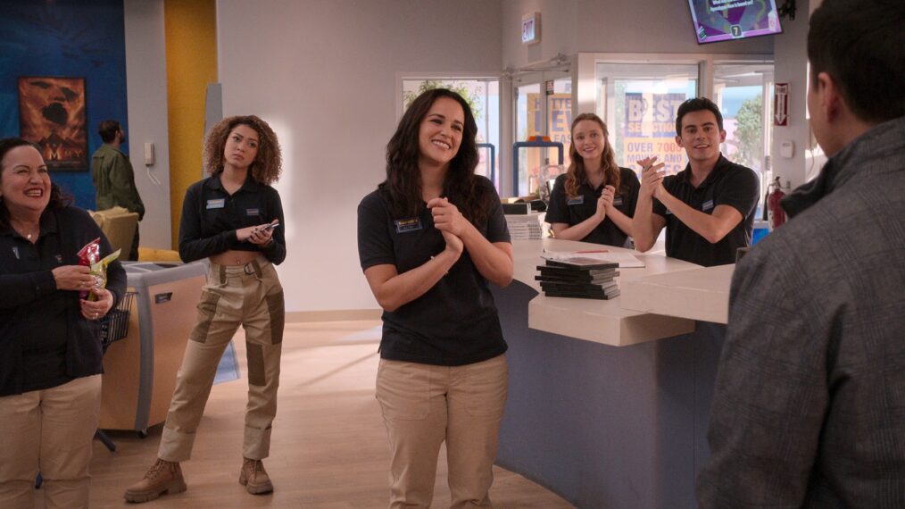 Olga Merediz as Connie, Kamaia Fairburn as Kayla, Melissa Fumero as Eliza, Madeleine Arthur as Hannah, and Tyler Alvarez as Carlos in Blockbuster Season 1