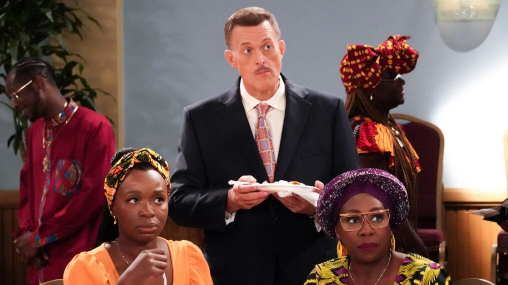 Folake Olowafoyeku as Abishola, Billy Gardell as Bob, and Gina Yashere as Kemi in Bob Hearts Abishola Season 4