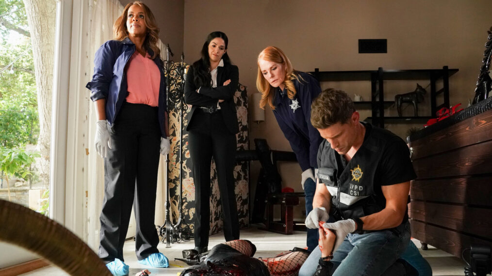 Paula Newsome as Maxine Roby, Ariana Guerra as Serena, Marg Helgenberger as Catherine Willows, Matt Lauria as Josh Folsom and Devyn LaBella as Lynn Zobrist in CSI: Vegas