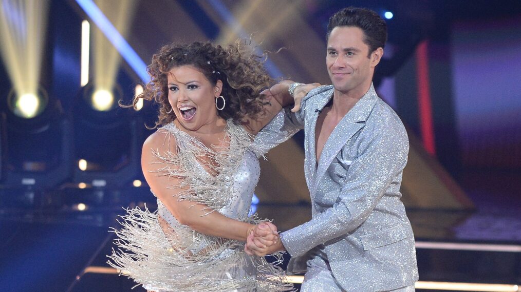 Justina Machado performs a Viennese Waltz with Sasha Farber on Dancing With the Stars