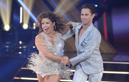 Justina Machado performs a Viennese Waltz with Sasha Farber on Dancing With the Stars