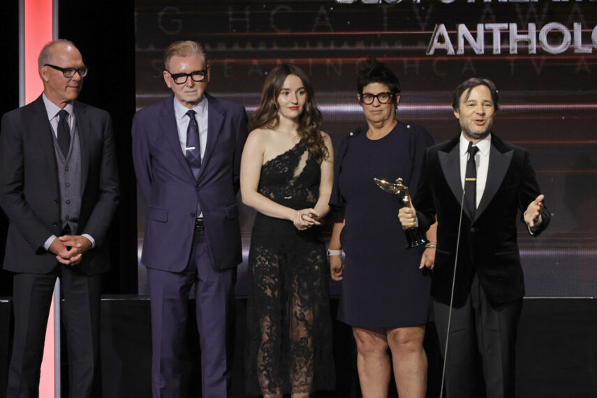 Michael Keaton, Warren Littlefield, Kaitlyn Dever, Karen Rosenfelt, and Danny Strong accept the Best Streaming Limited or Anthology Series award 