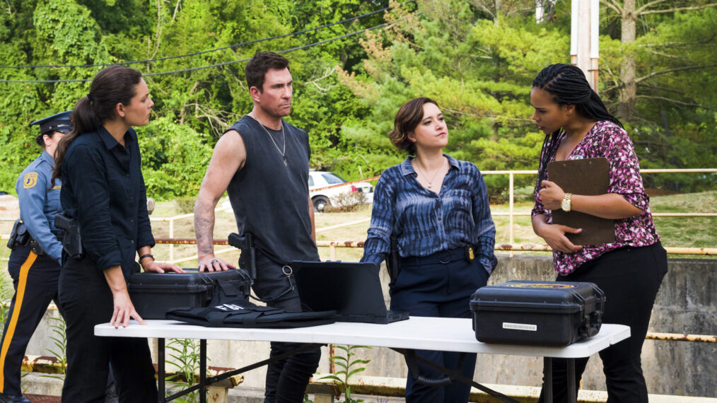 Alexa Davalos as Special Agent Kristin Gaines, Dylan McDermott as Supervisory Special Agent Remy Scott, Keisha Castle-Hughes as Special Agent Hana Gibson, and Roxy Sternberg as Special Agent Sheryll Barnes in FBI: Most Wanted