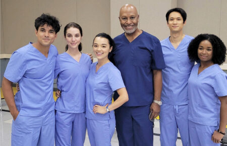 Niko Terho, Adelaide Kane, Midori Francis, James Pickens Jr., Harry Shum Jr., Alexis Floyd on Grey's Anatomy set