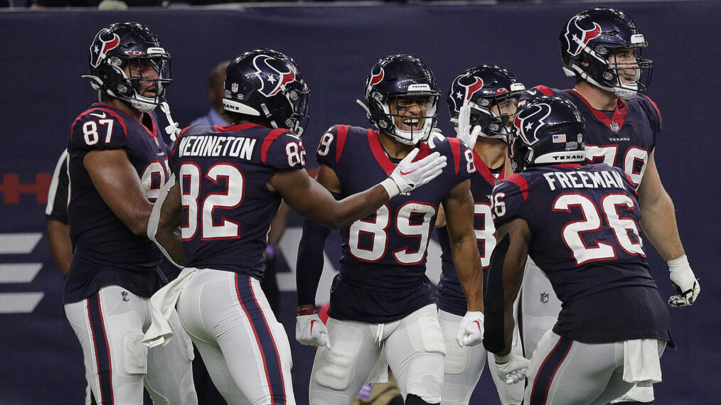 Johnny Johnson III #89 of the Houston Texans catches the game winning touchdown against the New Orleans Saints