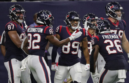 Johnny Johnson III #89 of the Houston Texans catches the game winning touchdown against the New Orleans Saints