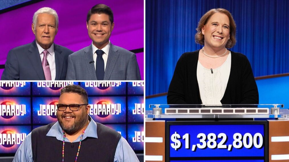 Alex Trebek, Zach Newkirk, Ryan Long, and Amy Schneider in Jeopardy