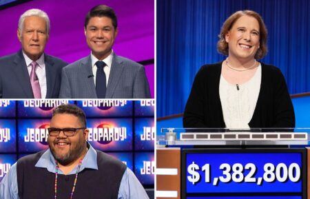Alex Trebek, Zach Newkirk, Ryan Long, and Amy Schneider in Jeopardy