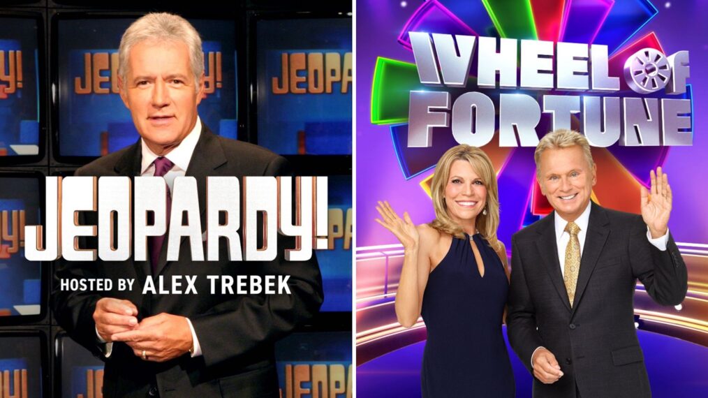 Alex Trebek in a Jeopardy! logo (L) and Vanna White and Pat Sajack in a Wheel of Fortune logo (R)