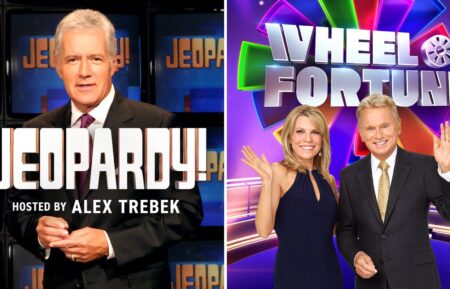 Alex Trebek in a Jeopardy! logo (L) and Vanna White and Pat Sajack in a Wheel of Fortune logo (R)