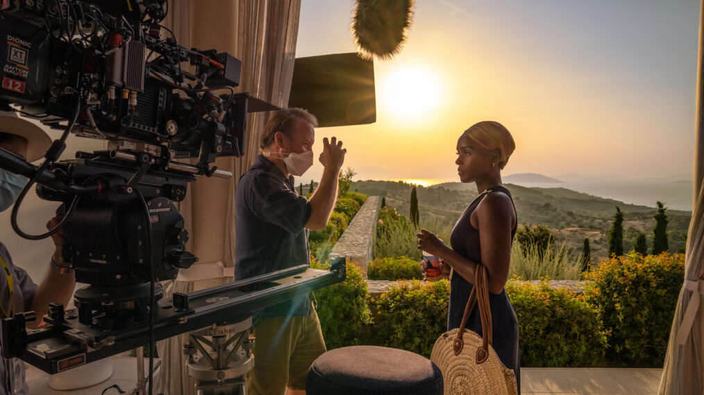 Rian Johnson and Janelle Monae on set of Glass Onion: A Knives Out Mystery
