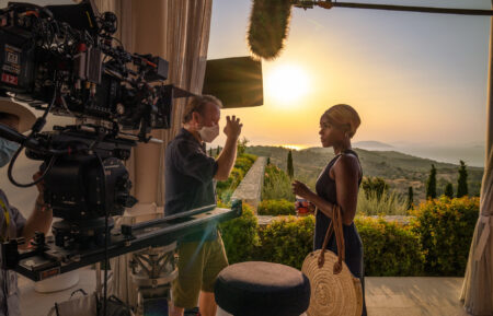 Rian Johnson and Janelle Monae on set of Glass Onion: A Knives Out Mystery
