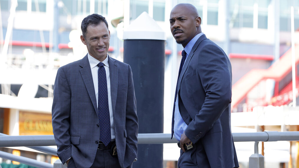 Jeffrey Donovan as Detective Frank Cosgrove, Mehcad Brooks as Detective Shaw in Law & Order Season 22 premiere