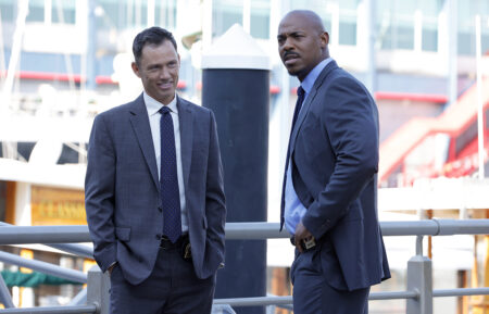 Jeffrey Donovan as Detective Frank Cosgrove, Mehcad Brooks as Detective Shaw in Law & Order Season 22 premiere