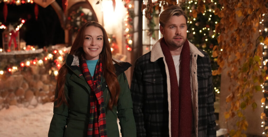 Lindsay Lohan as Sierra Belmont, Chord Overstreet as Jake Russell in Falling for Christmas