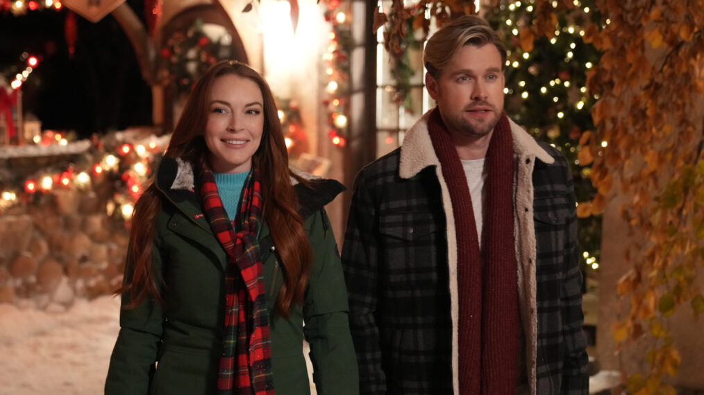 Lindsay Lohan as Sierra Belmont, Chord Overstreet as Jake Russell in Falling for Christmas