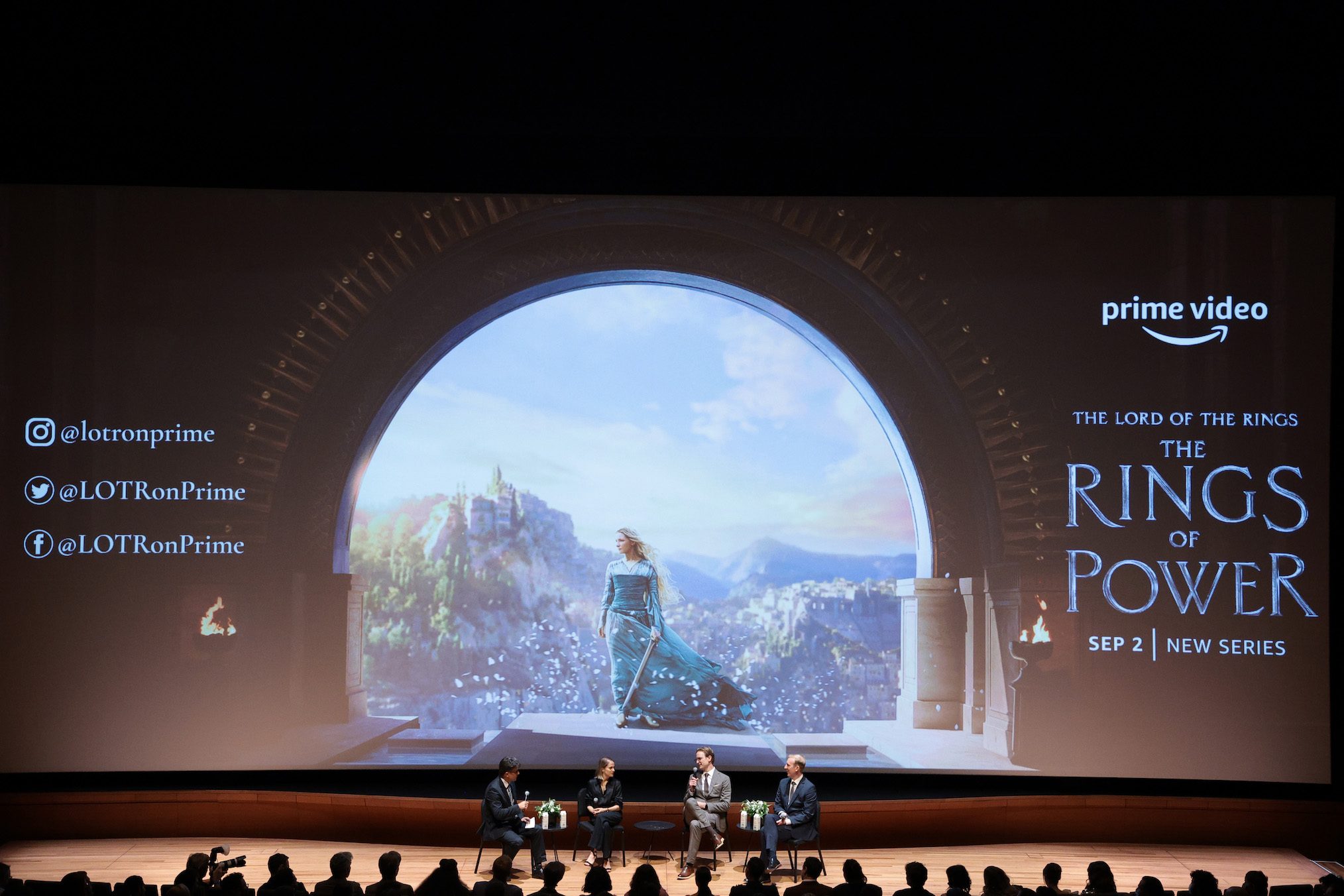 Anthony Breznican, Lindsey Weber, J. D. Payne and Patrick McKay speak on stage during "The Lord Of The Rings: The Rings Of Power" New York Special Screening at Alice Tully Hall on August 23, 2022 in New York City