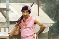 Jamie Farr, in costume as Corporal Maxwell Klinger, in a scene from the television series 'MASH'