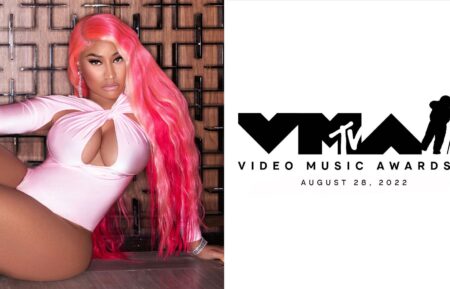 Nicki Minaj (L) and MTV VMAs 2022 logo (R)