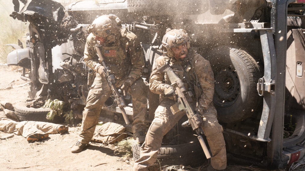David Boreanaz as Jason Hayes and Neil Brown Jr. as Ray Perry in SEAL Team