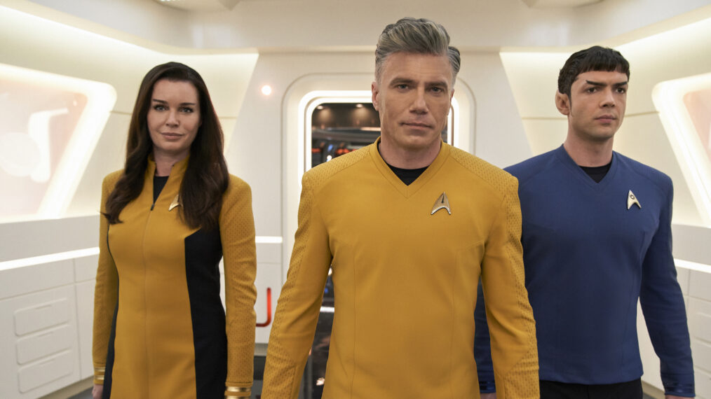 Rebecca Romijn as Una, Anson Mount as Pike and Ethan Peck as Spock in Star Trek Strange New Worlds