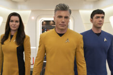 Rebecca Romijn as Una, Anson Mount as Pike, and Ethan Peck as Spock in Star Trek Strange New Worlds