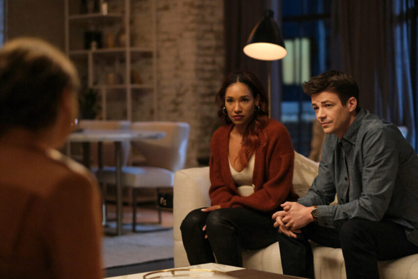 Candice Patton as Iris West - Allen and Grant Gustin as Barry Allen in The Flash