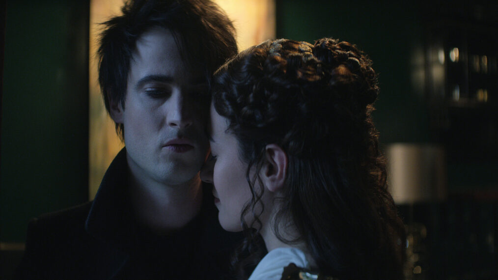 Tom Sturridge as Dream, Melissanthu Mahut as Calliope in The Sandman