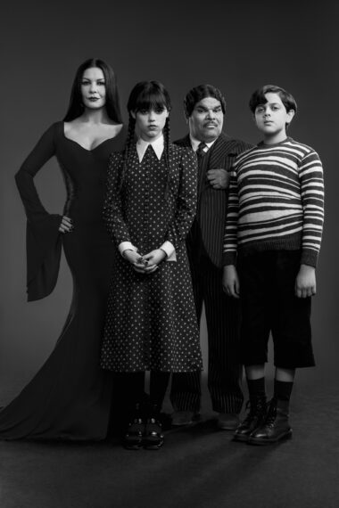 Catherine Zeta-Jones as Morticia Addams, Jenna Ortega as Wednesday Addams, Luis Guzmán as Gomez Addams, Issac Ordonez as Pugsley Addams in Wednesday