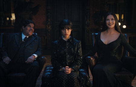 Luis Guzmán as Gomez Addams, Jenna Ortega as Wednesday Addams, Catherine Zeta-Jones as Morticia Addams in Wednesday