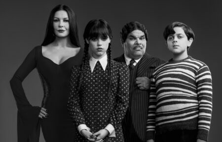 Catherine Zeta-Jones as Morticia Adams, Jenna Ortega as Wednesday Addams, Luis Guzmán as Gomez Addams, Issac Ordonez as Pugsley Addams in Wednesday