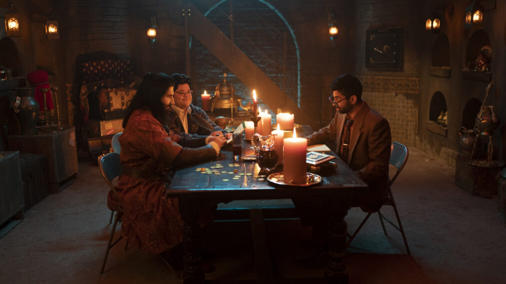 Kayvan Novak as Nandor, Harvey Guillén as Guillermo, Anoop Desai as Djinn in What We Do in the Shadows