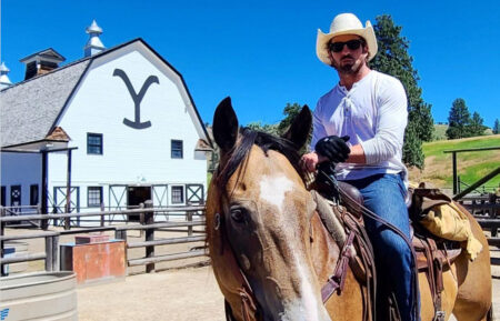 Ian Bohen riding a horse on the Yellowstone farm