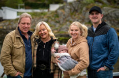 Sig Hansen, June Hansen, Mandy Hansen holding baby, and Clark Pederson standing together in Deadliest Catch