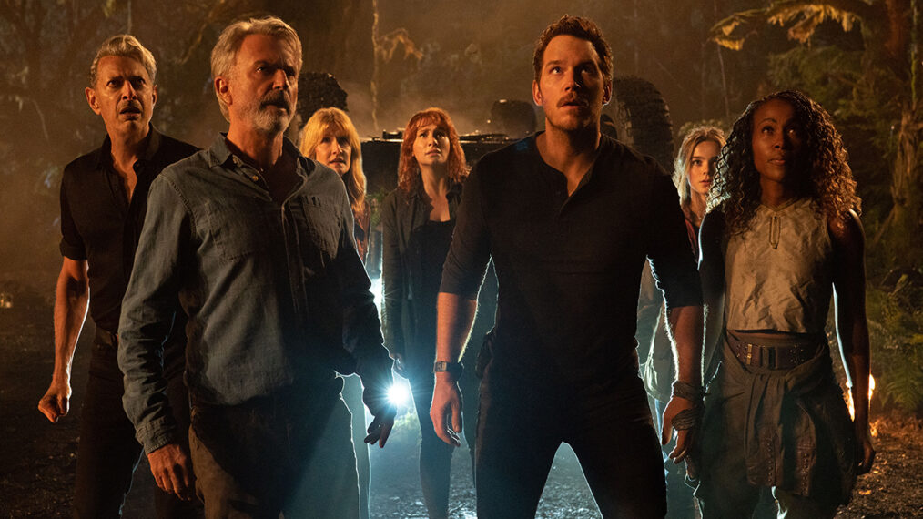 Jeff Goldblum, Sam Neill, Laura Dern, Bryce Dallas Howard, Chris Pratt, Isabella Sermon, and DeWanda Wise in 'Jurassic World: Dominion'