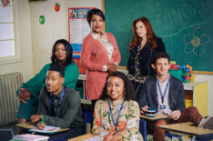 The cast of Abbott Elementary - Tyler James Williams as Gregory, Janelle James as Ava, Quinta Brunson as Janine, Sheryl Lee Ralph as Barbara, Chris Perfetti as Jacob, and Lisa Ann Walter as Melissa