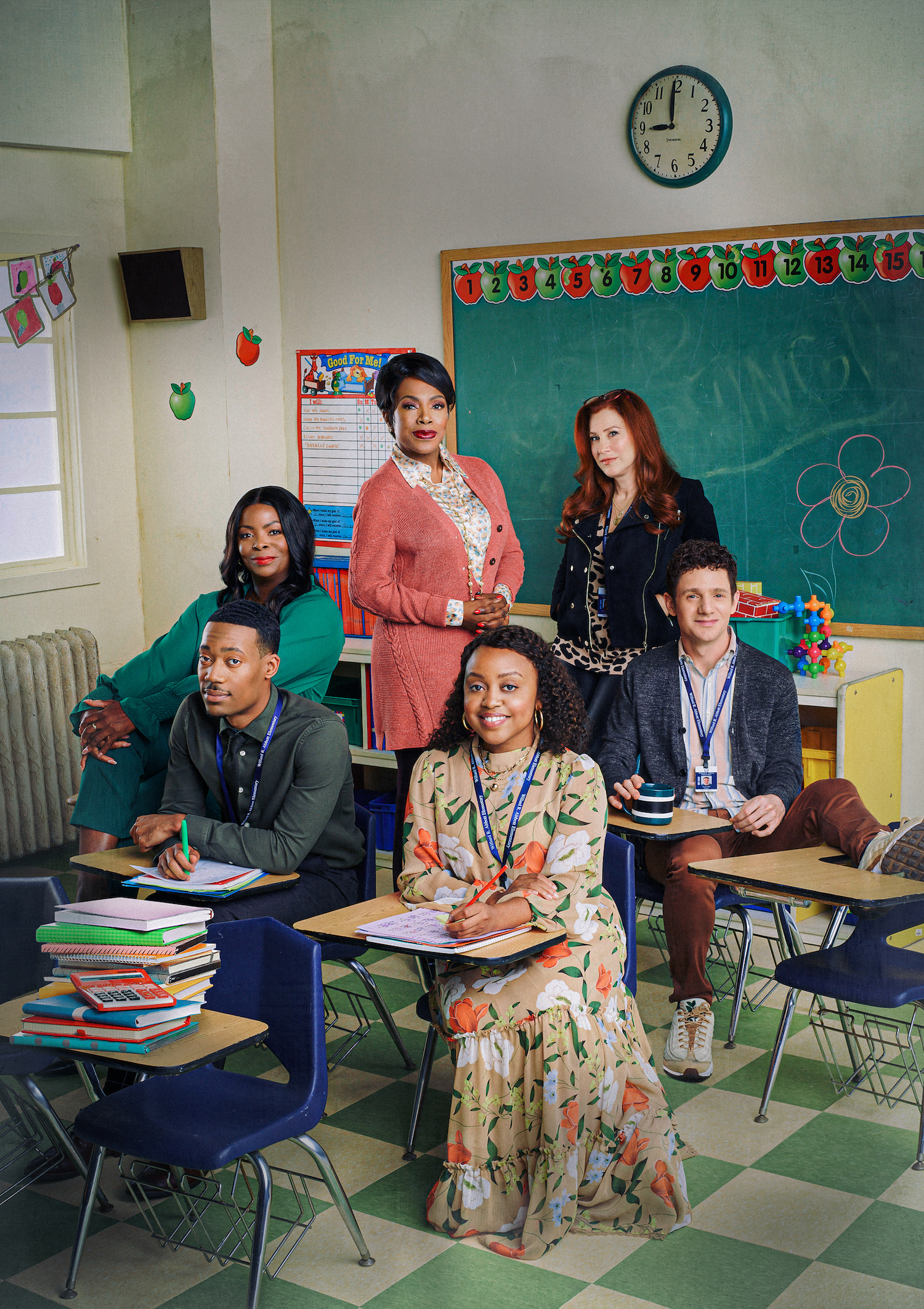 The cast of Abbott Elementary - Tyler James Williams as Gregory, Janelle James as Ava, Quinta Brunson as Janine, Sheryl Lee Ralph as Barbara, Chris Perfetti as Jacob, and Lisa Ann Walter as Melissa