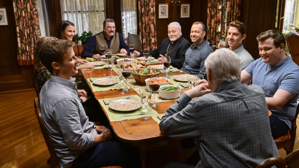 The Cast of Blue Bloods around the dinner table - Will Estes as Jamie Reagan, Bridget Moynahan as Erin Reagan, Tom Selleck as Frank Reagan, Stacy Keach as Archbishop Kevin Kearns, Donnie Wahlberg as Danny Reagan, Will Hochman as Joe Hill, Andrew Terraciano as Sean Reagan, and Len Cariou as Henry Reagan