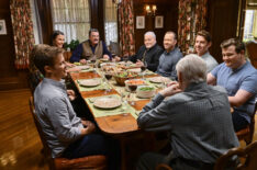 The Cast of Blue Bloods around the dinner table - Will Estes as Jamie Reagan, Bridget Moynahan as Erin Reagan, Tom Selleck as Frank Reagan, Stacy Keach as Archbishop Kevin Kearns, Donnie Wahlberg as Danny Reagan, Will Hochman as Joe Hill, Andrew Terraciano as Sean Reagan, and Len Cariou as Henry Reagan