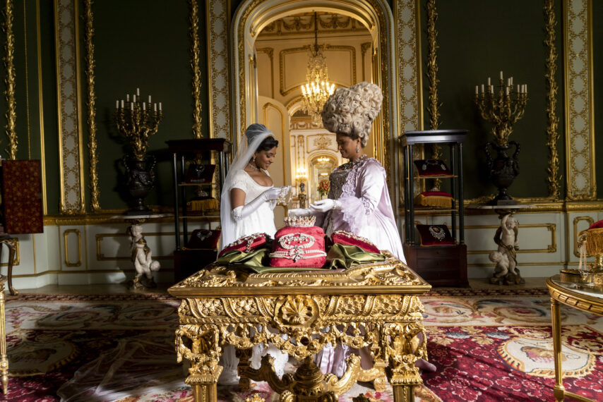 Charithra Chandran as Edwina Sharma, Golda Rosheuvel as Queen Charlotte in Bridgerton