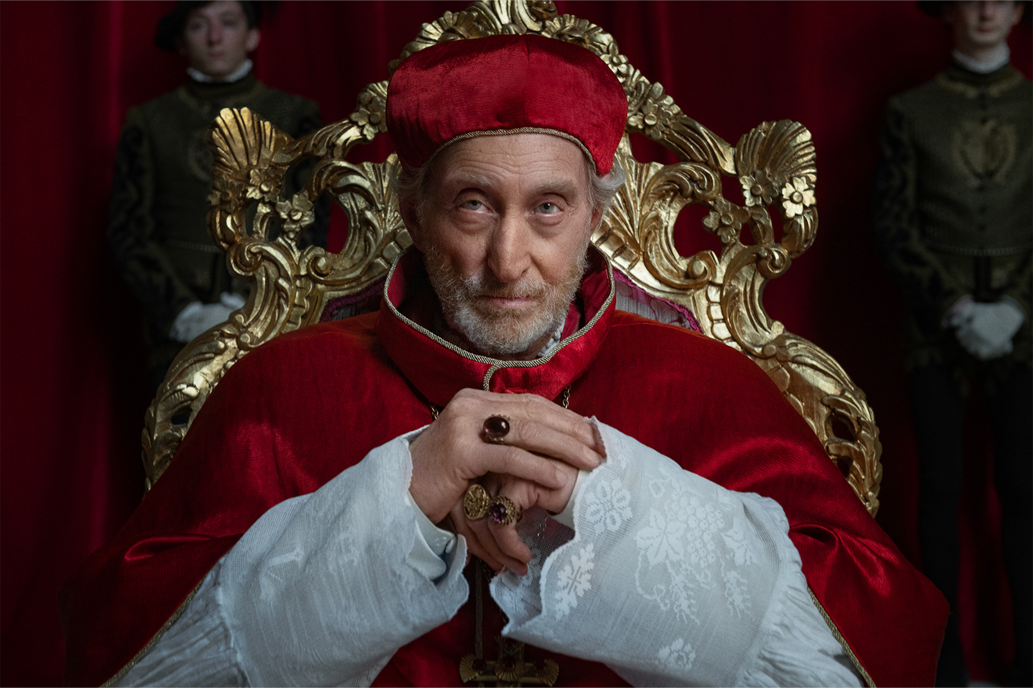 Charles Dance as the Pope in The Serpent Queen on Starz